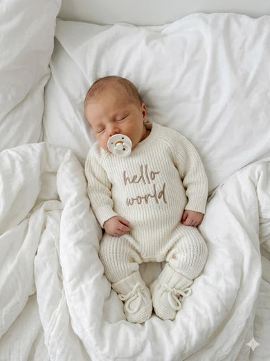 Petite + Co ‘Hello World’ Long Ribbed Romper Milk