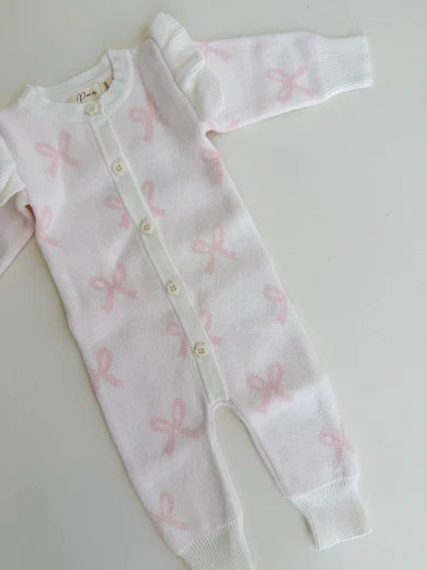 Petite + Co Long Flutter Bow Romper Milk