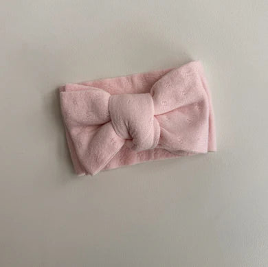 Petite + Co Fine Pointelle Knit Bow Headband Baby Pink