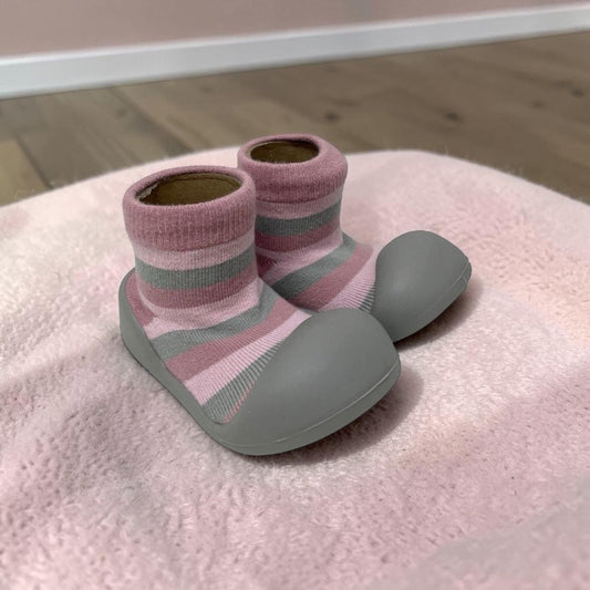 ES Kids Rubber Soled Socks Pink/Grey Stripe