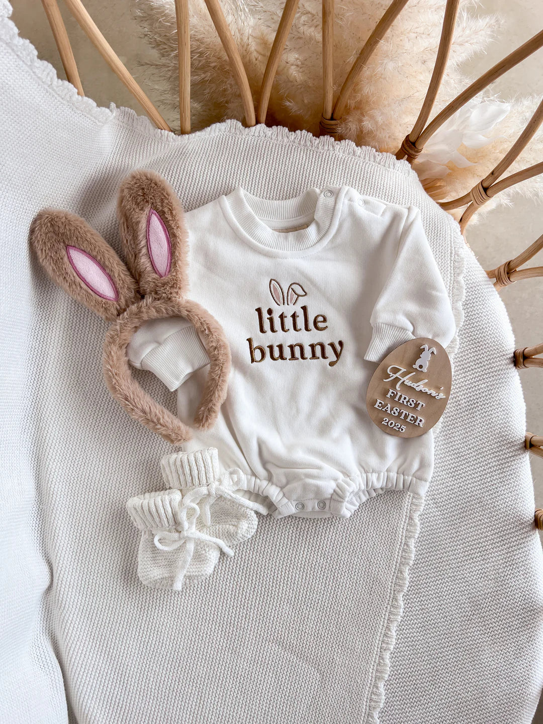 Blossom & Pear 'Little Bunny' Long Sleeve Bubble Romper Milk