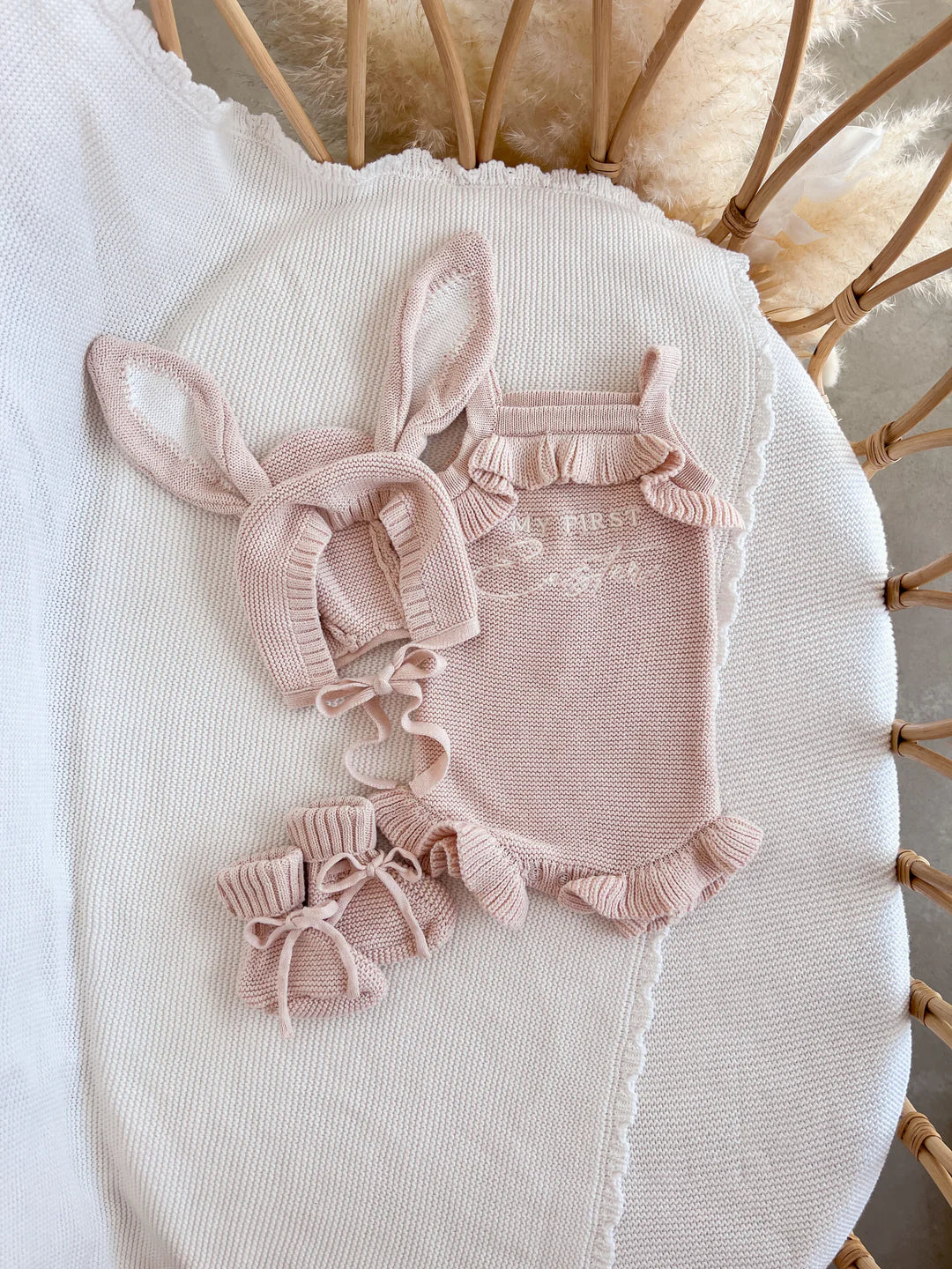 Blossom & Pear 'My First Easter' Singlet Knit Frill Romper Pink Lemonade