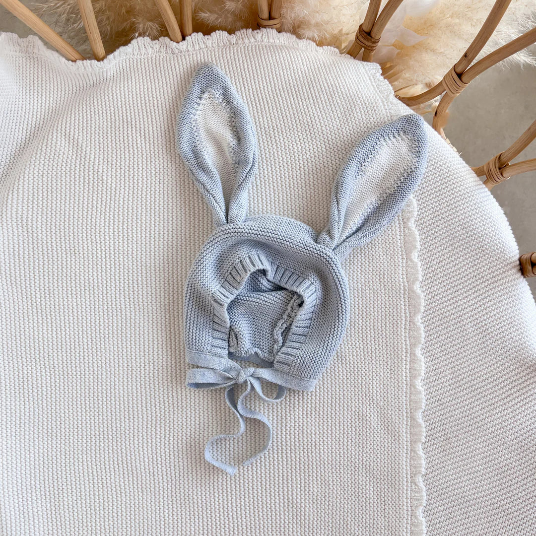 Blossom & Pear Bunny Ear Knit Bonnet Powder Blue