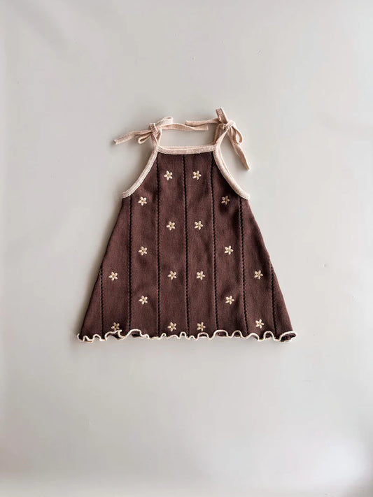 Freckles The Label Pointelle Tie Dress Brown Embroidery Daisy