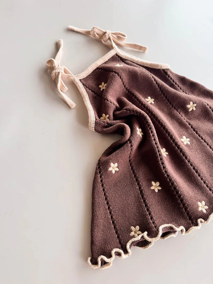 Freckles The Label Pointelle Tie Dress Brown Embroidery Daisy