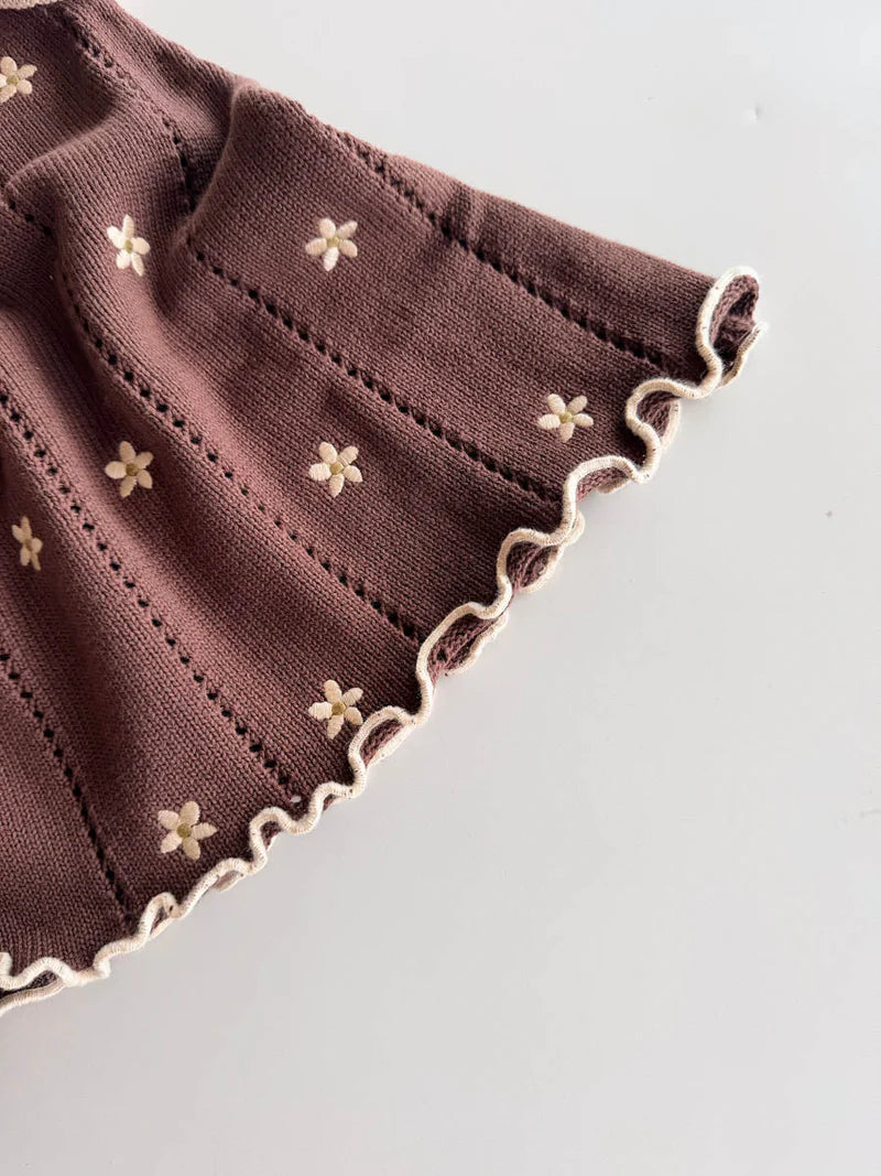 Freckles The Label Pointelle Tie Dress Brown Embroidery Daisy