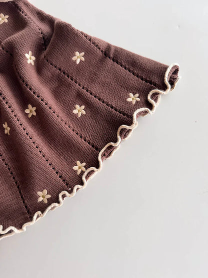 Freckles The Label Pointelle Tie Dress Brown Embroidery Daisy