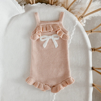 Blossom & Pear Bow Singlet Frill Knit Romper Pink Lemonade