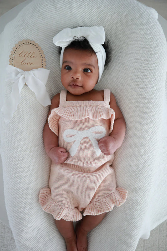 Blossom & Pear Bow Singlet Frill Knit Romper Pink Lemonade