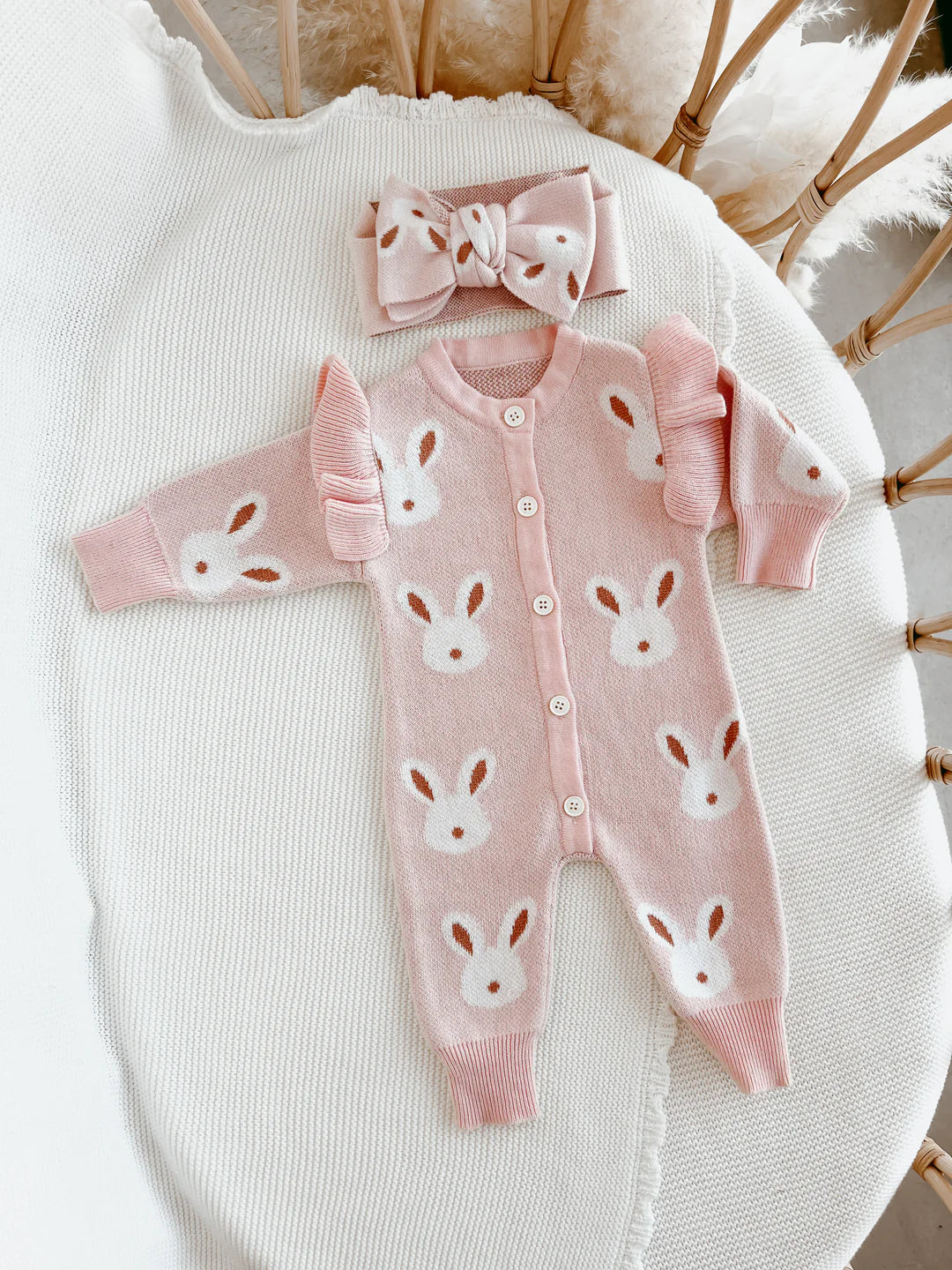 Blossom & Pear Easter Knit Pink Bunny Romper