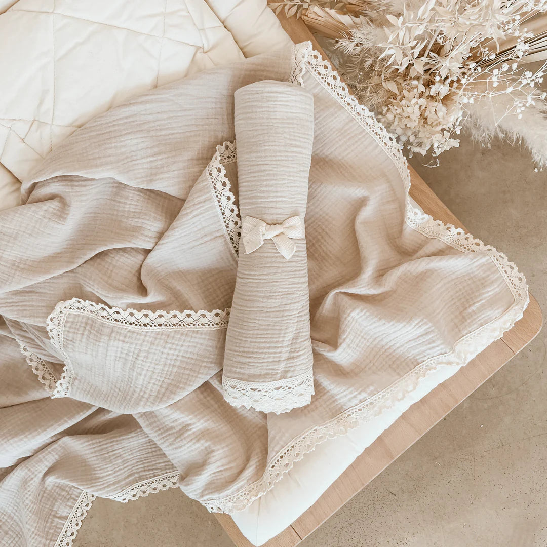 Lace Muslin Swaddle Blanket Oatmeal