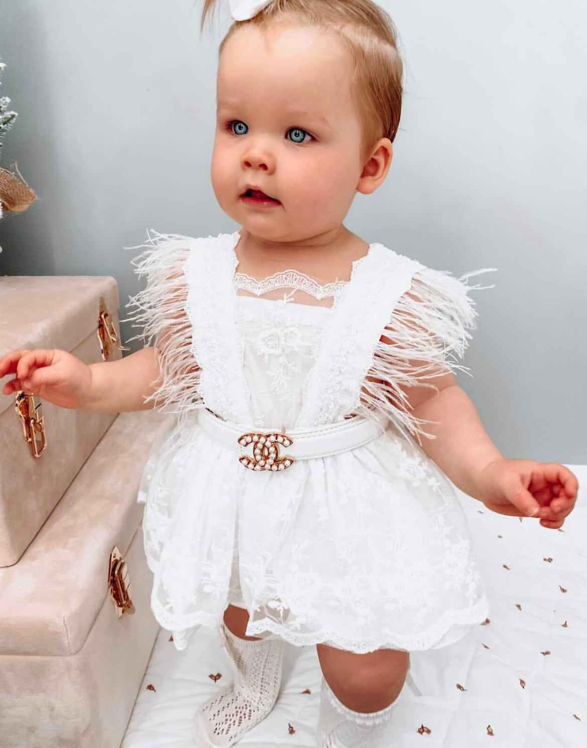 Feathered Sleeve Lace Romper Dress